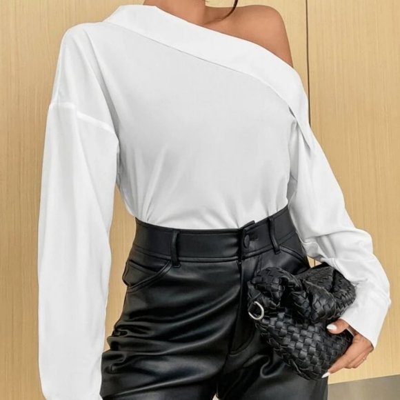 CHIC Asymmetrical Neck 1 off shoulder Blouse Top White - Picture 5 of 7